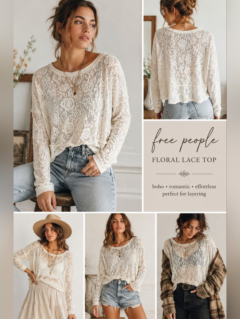 Free People Ivory Floral Lace Knit Boho Top Long Sleeve Size Small